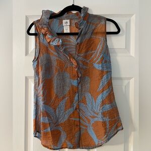CAbi Tropical Top Sleeveless Blouse - Blue and Brown Leaf Print XS